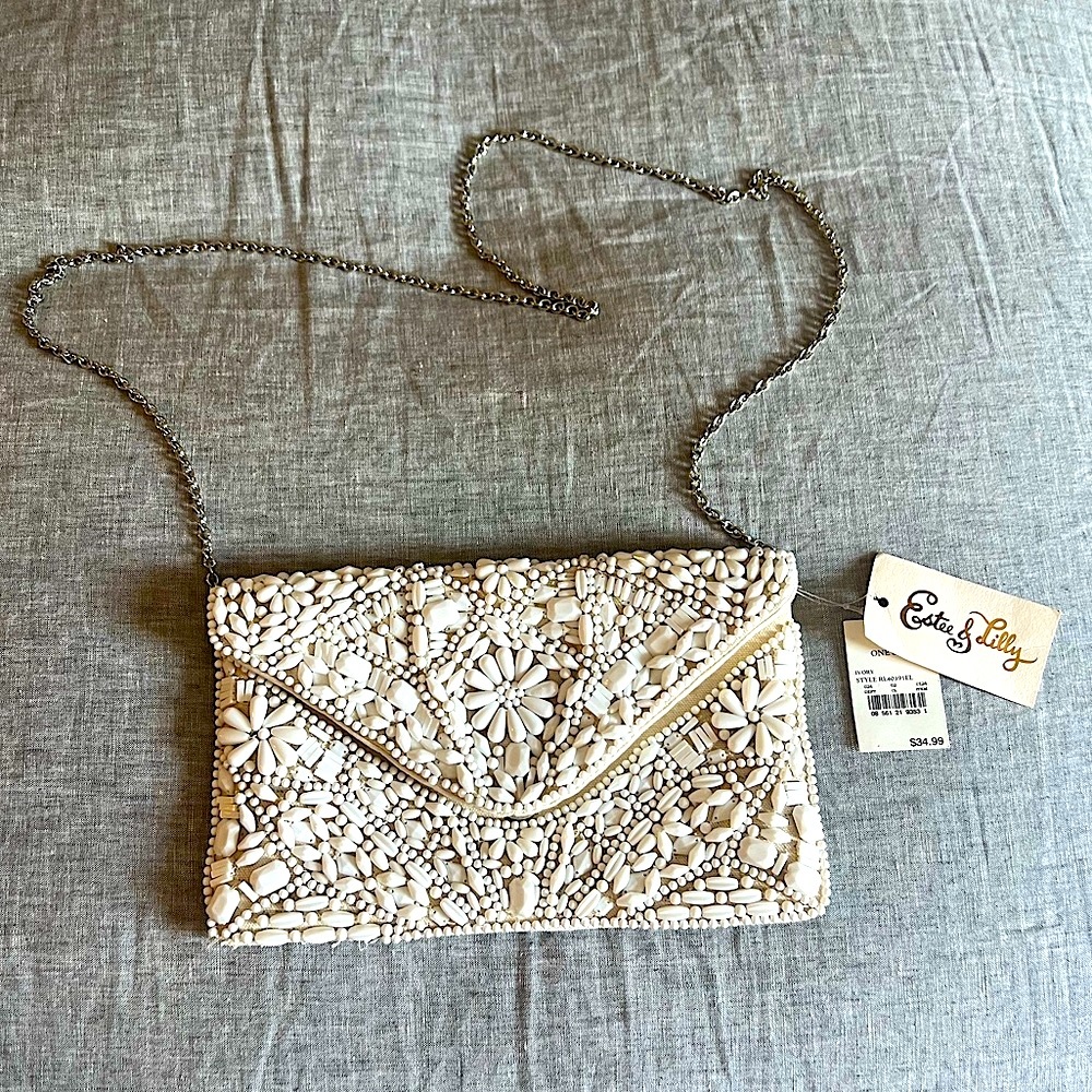 Estee & Lilly white beaded clutch and crossbody bag